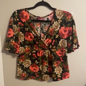 Ragdoll Floral Wrap Blouse - Black, Red, and Cream